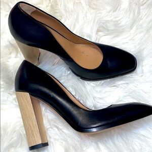 Calvin Klein Collection Black Leather Pumps with Natural Wood Block Heels